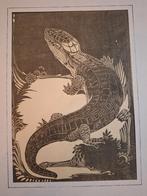 Art Deco Houtsnede met Reptiel van Willem vd Berg, Antiek en Kunst, Kunst | Etsen en Gravures, Ophalen of Verzenden