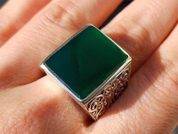 Vanoli 925 zilveren heren ring met groene agaat maat 20,5 beschikbaar voor biedingen