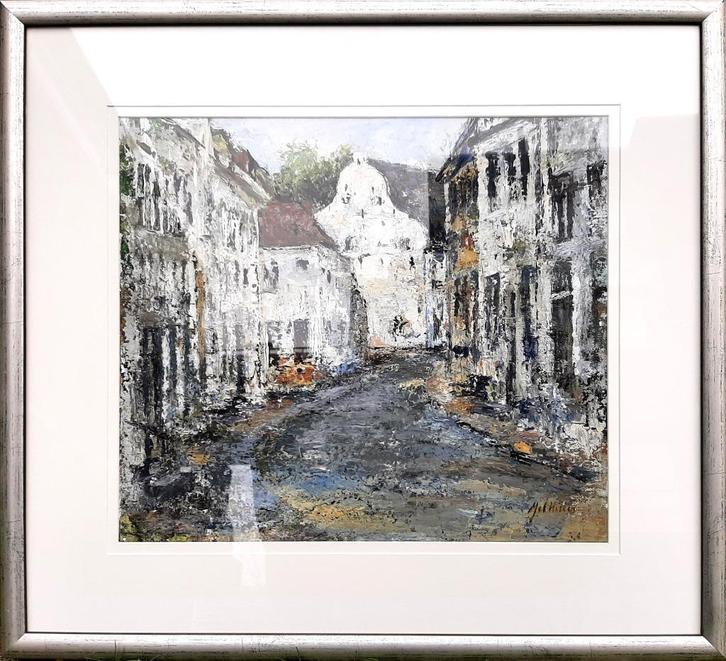 Schilderij acrylverf op papier ingelijst achter glas., Antiek en Kunst, Kunst | Schilderijen | Klassiek, Ophalen