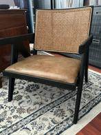 Fauteuils zwart hout + rotan en kleur legergroen zitting, Gebruikt, Minder dan 75 cm, Ophalen of Verzenden, 50 tot 75 cm