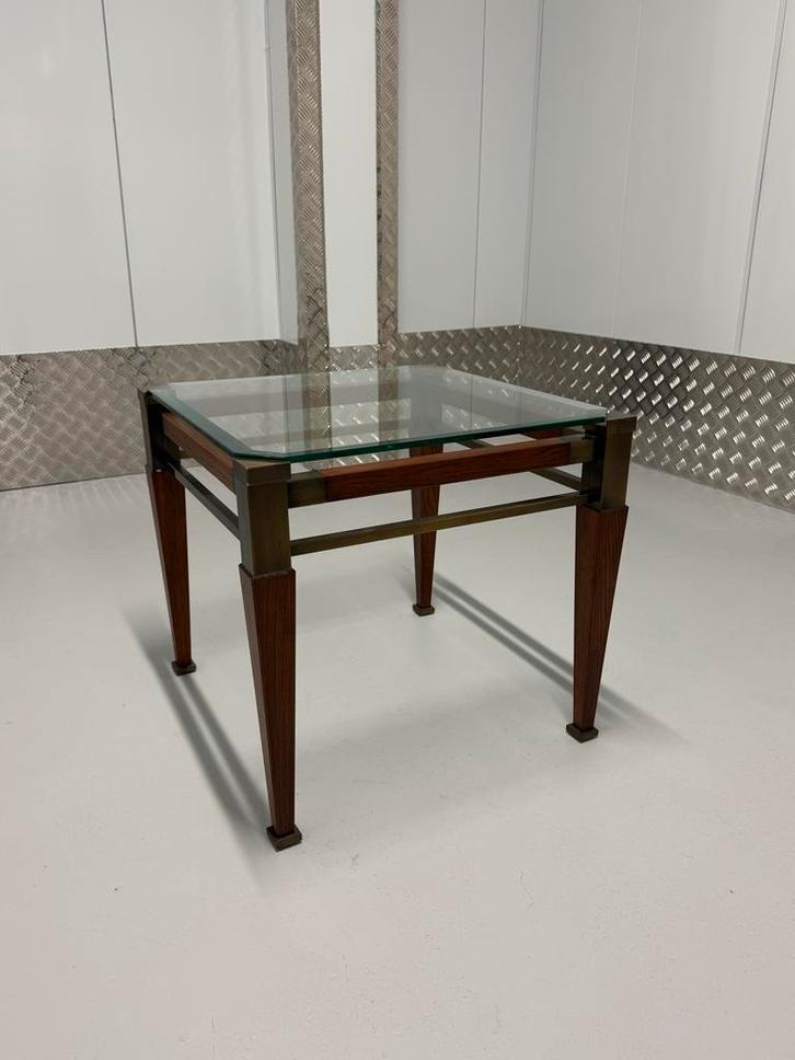 Art Deco Bijzettafel Hout & Koper met Glasplaat, Huis en Inrichting, Tafels | Bijzettafels, Zo goed als nieuw, Vierkant, 45 tot 60 cm