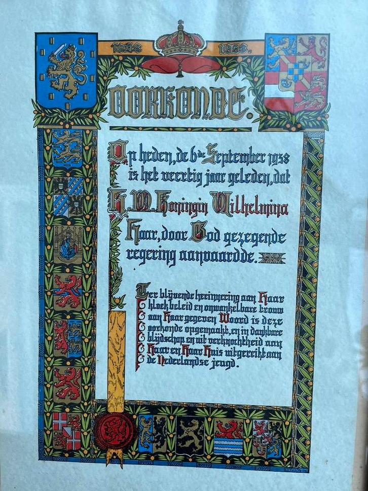 Ingelijste oorkonde zie teks op foto, Ophalen of Verzenden