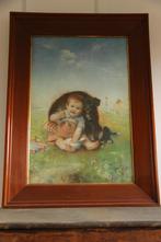 schilderij kind met hond onder paraplu, Antiek en Kunst, Ophalen of Verzenden
