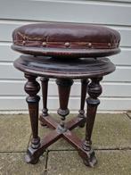 Antieke kersenhouten verstelbare pianokruk met leren zitting, Antiek en Kunst, Ophalen of Verzenden