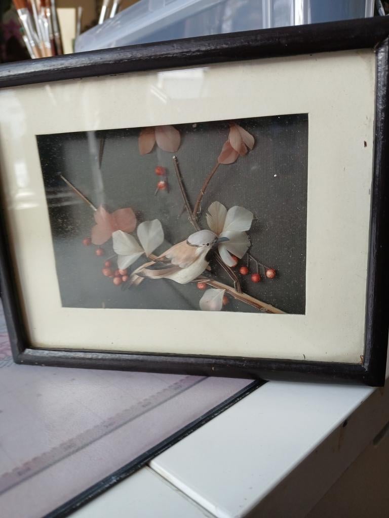 Vintage Japanse Kunst - Vogel op Tak, Huis en Inrichting, Woonaccessoires | Schilderijen, Tekeningen en Foto's, Gebruikt, Schilderij