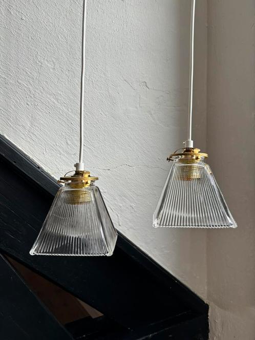 Vintage set holophane vierkant lampenkapje hanglamp kap glas, Huis en Inrichting, Lampen | Hanglampen, Glas, Ophalen of Verzenden