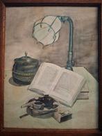 Aquarel Stilleven boek, lamp en pijp, Ophalen of Verzenden