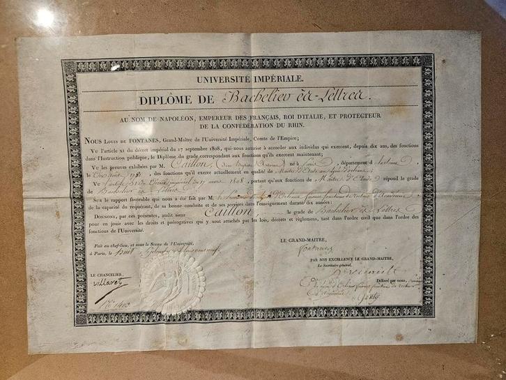 Antiek diploma uit 1809 - Bachelier ès Lettres, Antiek en Kunst, Antiek | Overige Antiek, Ophalen of Verzenden