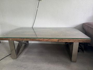 Luxe salontafel Eric Kuster stijl – hout, glas & RVS beschikbaar voor biedingen