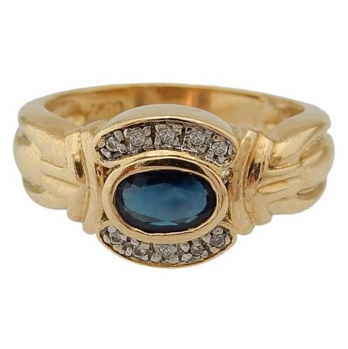 18 karaat Gouden Ring Damesring met 10 Diamanten en Saffier, Sieraden, Tassen en Uiterlijk, Ringen, Nieuw, Dame, 17 tot 18, Goud