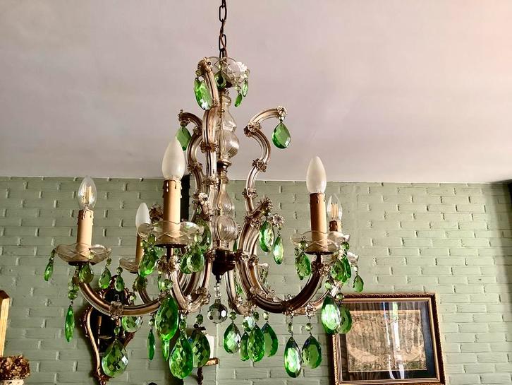 Antieke Kroonluchter met Groene Kristallen, Huis en Inrichting, Lampen | Kroonluchters, Gebruikt, Glas, Ophalen of Verzenden