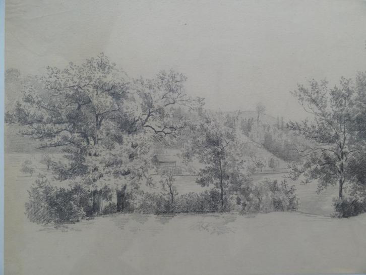 Potloodtekening landschap met bomen beekje Anna Willi 1891, Antiek en Kunst, Kunst | Tekeningen en Foto's, Verzenden