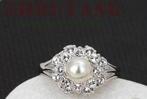 18K witgoud verguld ring met parel en zirkonen, Met edelsteen, Nieuw, Ophalen of Verzenden, 17 tot 18