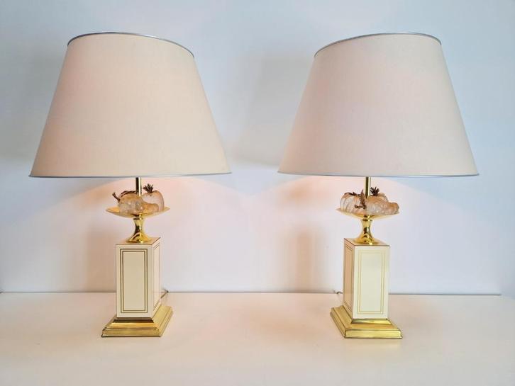 set vintage tafellamp le dauphin messing kristal fruit  ´70, Huis en Inrichting, Lampen | Tafellampen, Gebruikt, Minder dan 50 cm