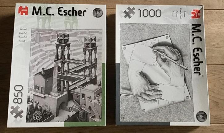 Escher puzzels Waterfall en Drawing Hands (1000) Jumbo, Hobby en Vrije tijd, Denksport en Puzzels, Zo goed als nieuw, Legpuzzel