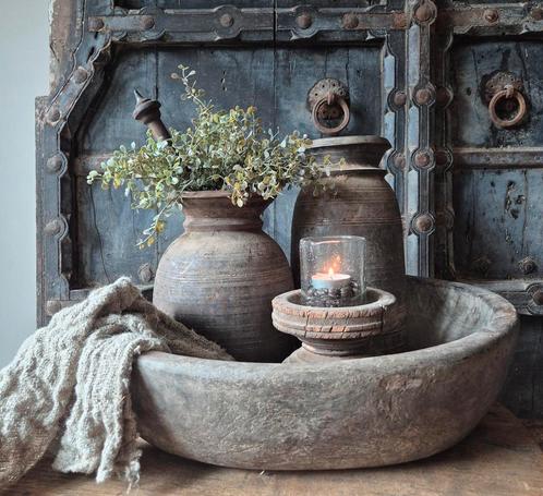 Houten schaal, landelijke set, nepalese kruik, houten schaal, Huis en Inrichting, Woonaccessoires | Schalen en Manden, Nieuw, Rond