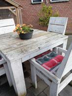Steigerhouten tuintafel met 4 stoelen en kussens, Gebruikt, Rechthoekig, Hout, Ophalen