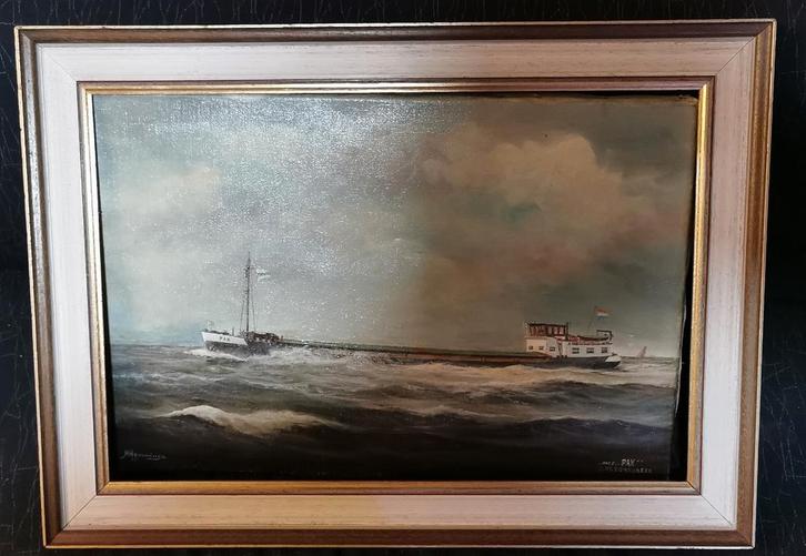Binnenvaartschip geschilderd door Rieks Hamminga, Antiek en Kunst, Kunst | Schilderijen | Klassiek, Ophalen of Verzenden