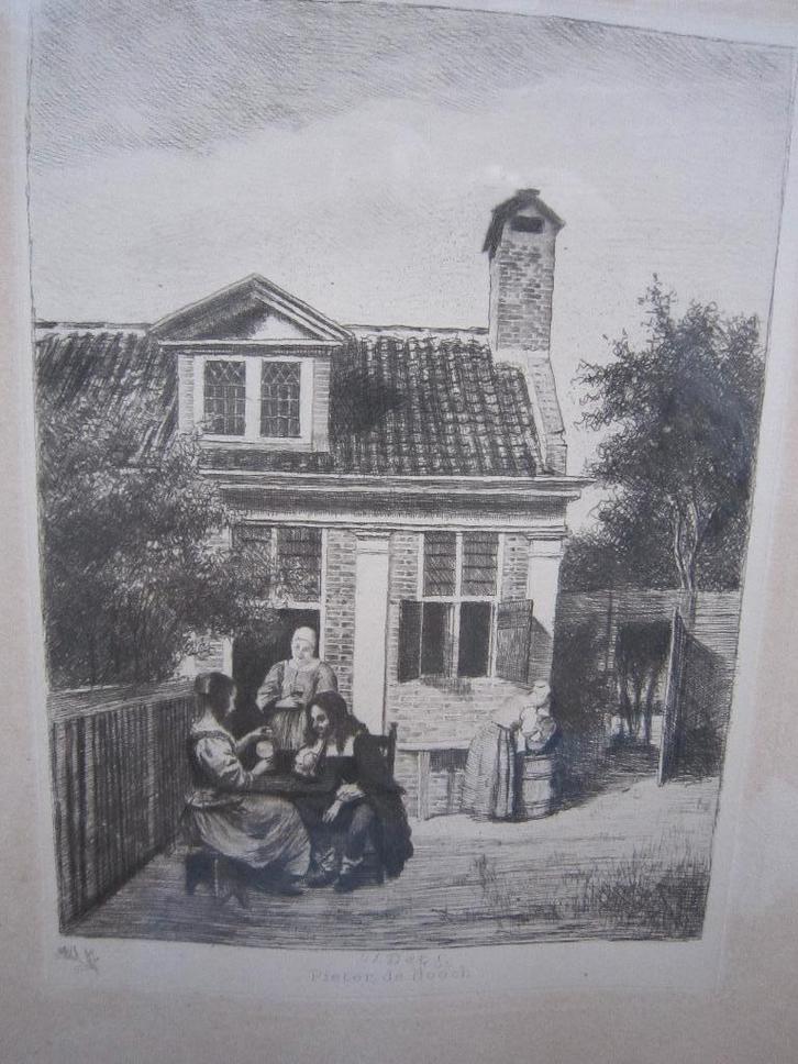 Ets / Litho Carel Lodewijk Dake Sr. L Visite in de tuin, Antiek en Kunst, Kunst | Etsen en Gravures, Ophalen of Verzenden
