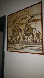 batik schilderij vogels ingelijst mahonie lijst achter glas, Antiek en Kunst, Ophalen
