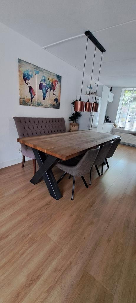 Taupe Eetkamerbank + 3 stoelen, Huis en Inrichting, Tafels | Eettafels, Gebruikt, Ophalen