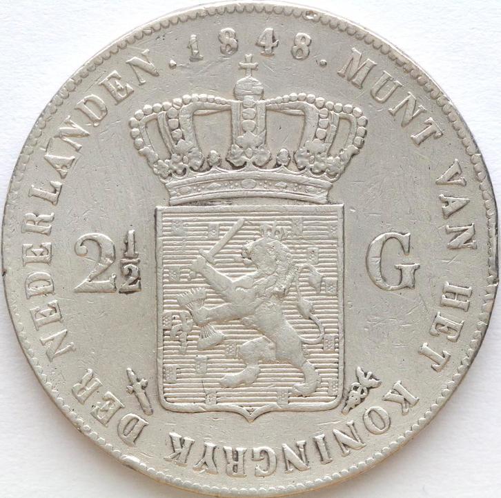XntriQ-Coins - zilveren 2½ Gulden 1848 Willem II, Postzegels en Munten, Munten | Nederland, Losse munt, 2½ gulden, Koning Willem II