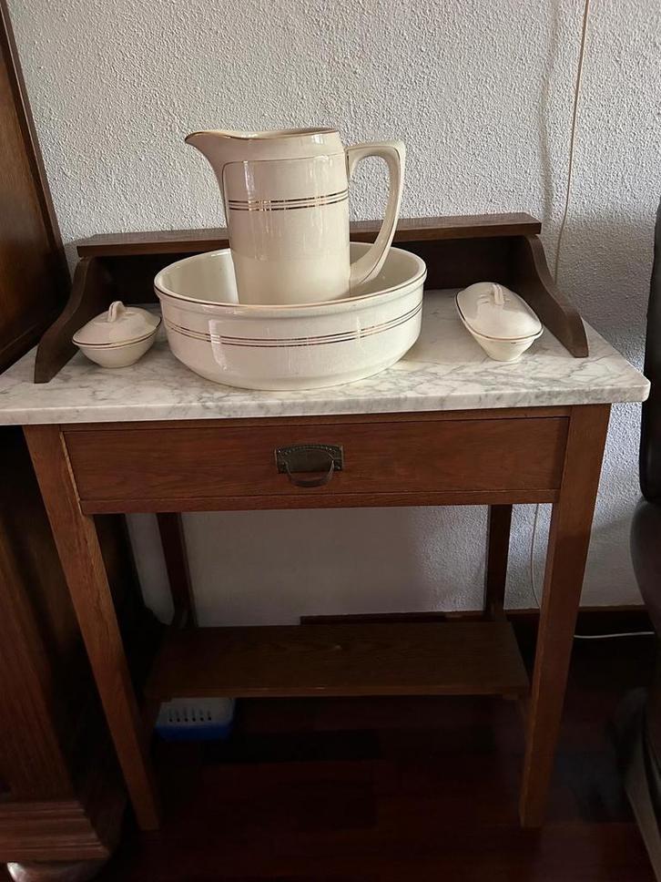 Wastafelmeubel met Marmerblad & Toebehoren, Antiek en Kunst, Antiek | Woonaccessoires, Ophalen