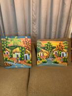 Twee haitiaanse kunst hand geschilderd werk op doek haiti, Antiek en Kunst, Ophalen
