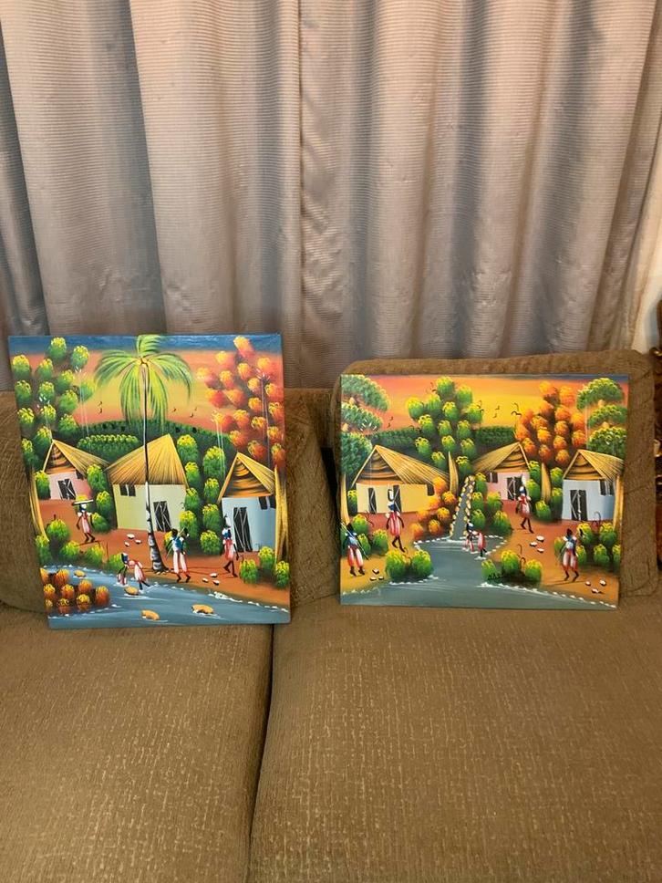 Twee haitiaanse kunst hand geschilderd werk op doek haiti, Antiek en Kunst, Kunst | Schilderijen | Klassiek, Ophalen