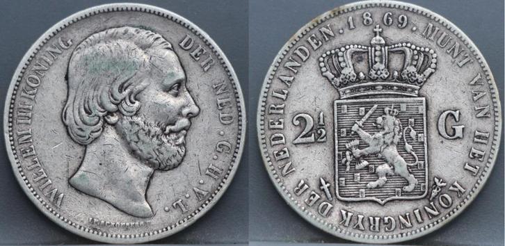 Zilveren rijksdaalder 1869 - 2 1/2 gulden 1869 Willem 3, Postzegels en Munten, Munten | Nederland, Losse munt, 2½ gulden, Koning Willem III