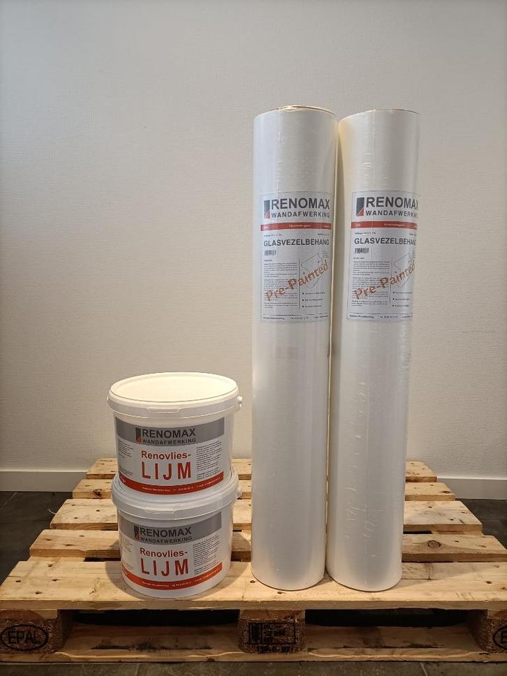 200 grams Renovlies glasvezel 100m2 + 20kg renovlies lijm, Huis en Inrichting, Stoffering | Behang, Wit, 75 m² of meer, Ophalen