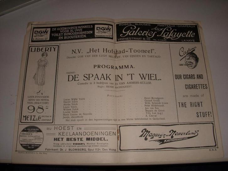 Programma Hofstad Toneel comedie 'De spaak in 't Wiel ' 1920, Verzamelen, Muziek, Artiesten en Beroemdheden, Gebruikt, Boek, Tijdschrift of Artikel