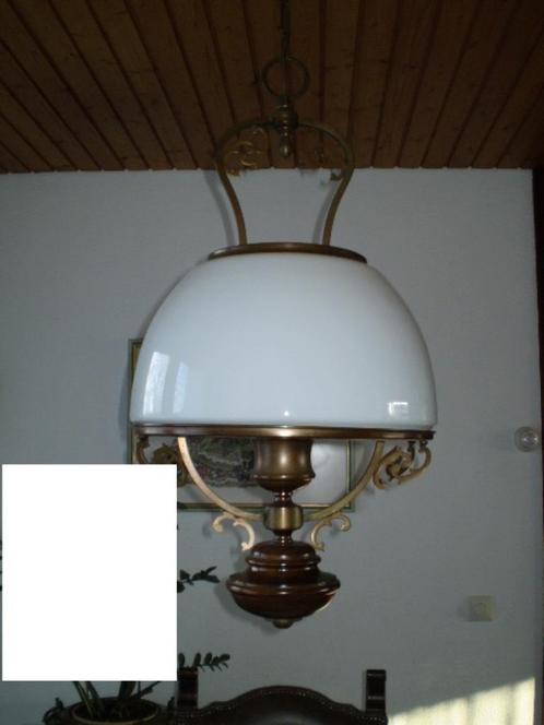 Hanglamp in olielamp-model. (Geen olielamp)., Huis en Inrichting, Lampen | Hanglampen, Zo goed als nieuw, 50 tot 75 cm, Glas, Hout