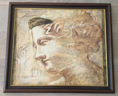 Klassiek portret dame op gedoekt karton gesigneerd in rood, Antiek en Kunst, Kunst | Schilderijen | Klassiek, Ophalen of Verzenden