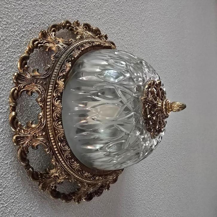 Messing plafonnière met kristallen kap, Huis en Inrichting, Lampen | Plafondlampen, Gebruikt, Ophalen of Verzenden