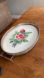 Brocante dienblad met porseleinen tegel m rozen, Antiek en Kunst, Ophalen of Verzenden