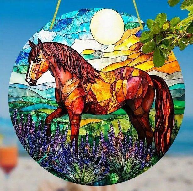 Raamhanger paard ( glas in lood stijl ), Tuin en Terras, Tuinwanddecoratie, Nieuw, Verzenden