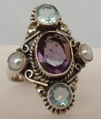 Massief zilveren ring met Amethist, blauwe Topaas en Parel, Nieuw, Dame, Zilver, 18 tot 19