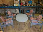 Houten retro tuin-/loungeset met 4 stoelen en ronde tafel, Tuin en Terras, Tuinsets en Loungesets, Ophalen, Zo goed als nieuw
