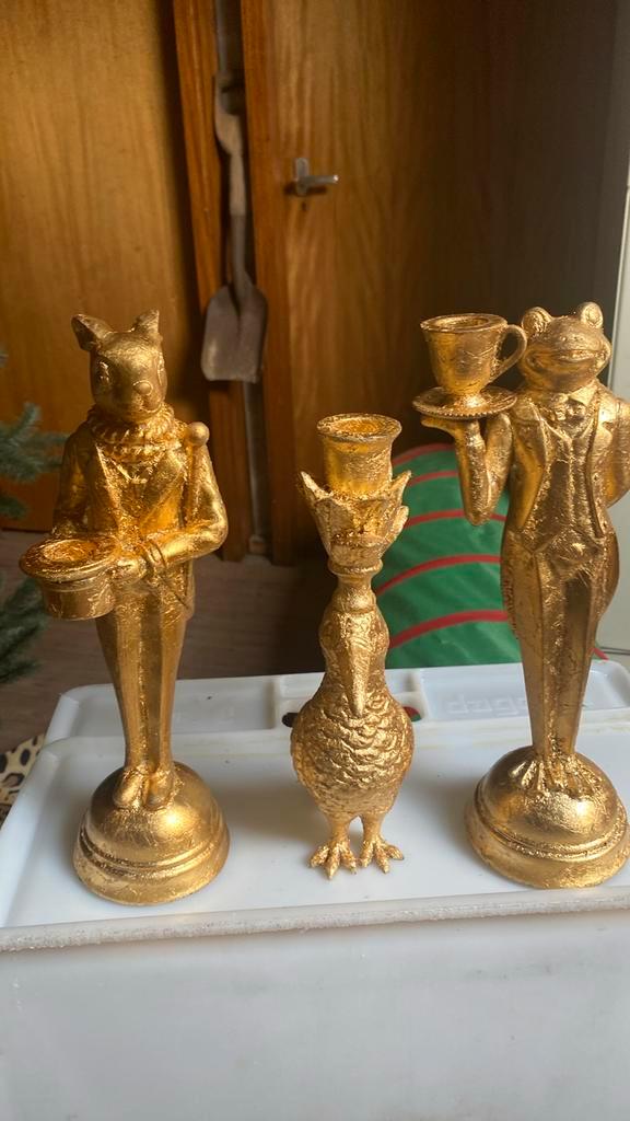 Gouden Kandelaars Set - Konijn, Vogel, Kikker - Kerstdecorat, Antiek en Kunst, Antiek | Woonaccessoires, Ophalen of Verzenden