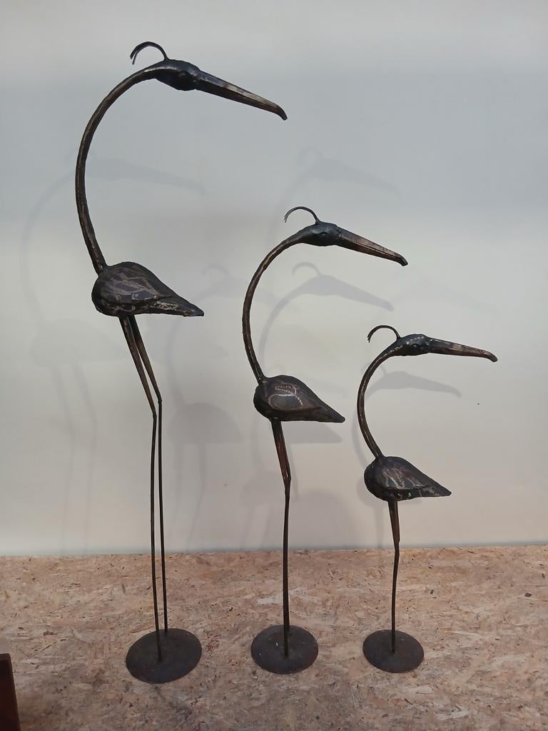 Set van 3 metalen reiger beelden - 55, 72, 92 cm, Tuin en Terras, Tuinbeelden, Dierenbeeld, Gebruikt, Onbekend, Ophalen of Verzenden