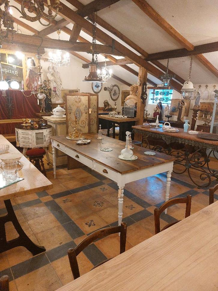 landelijke oude eettafel met wit onderstel 200 x 90, Antiek en Kunst, Curiosa en Brocante, Ophalen