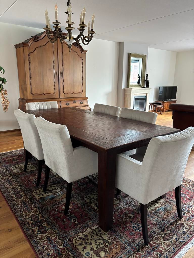Eettafel met 6 stoelen massief hout, Huis en Inrichting, Tafels | Eettafels, Ophalen, Gebruikt, 50 tot 100 cm, Vijf personen of meer