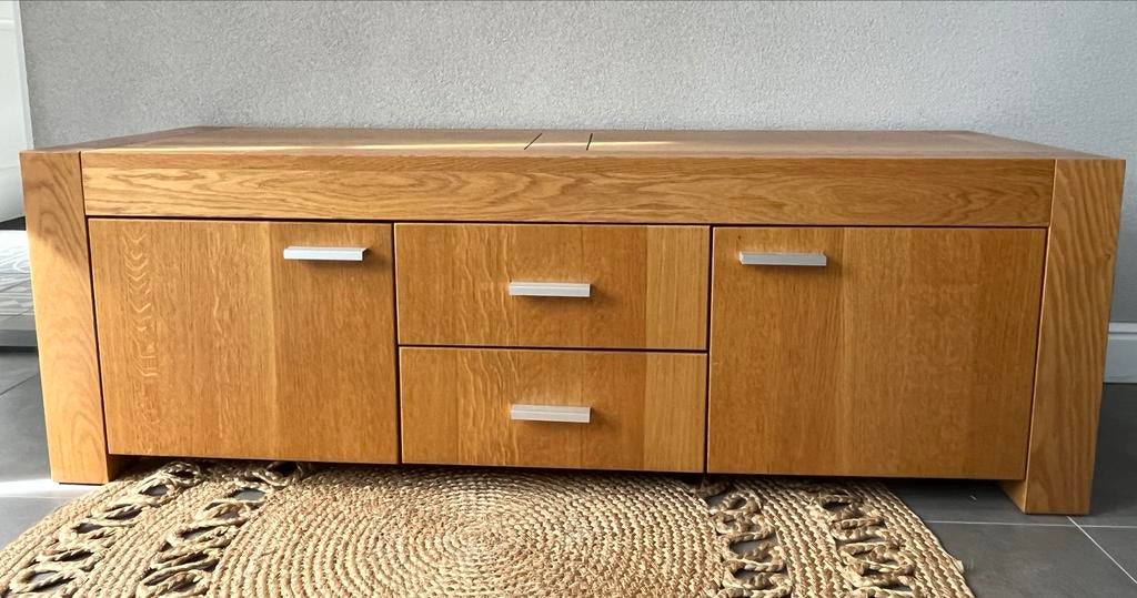 Eikenhouten tv kast met lades en deuren, Ophalen, 150 tot 200 cm, Eikenhout, Zo goed als nieuw