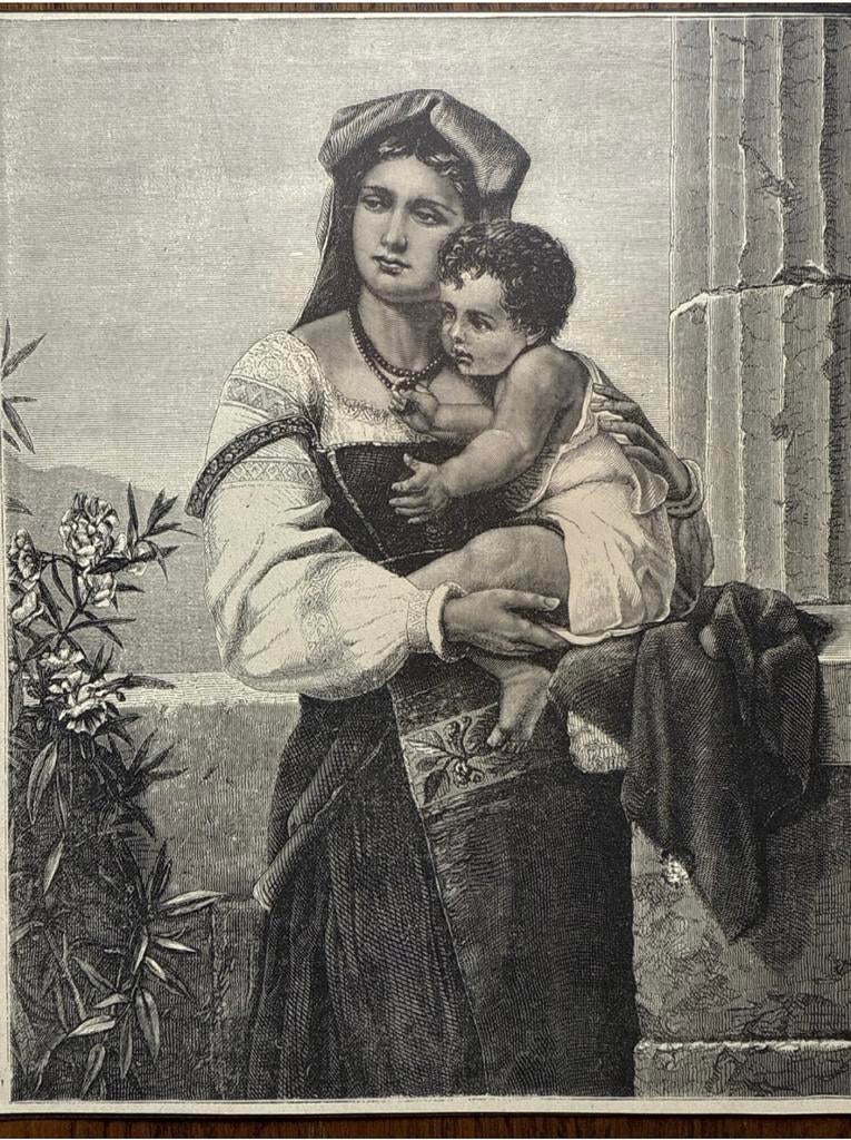 Antieke Gravure 19e Eeuw Moeder en Kind Klassieke Stijl, Antiek en Kunst, Kunst | Etsen en Gravures, Ophalen of Verzenden