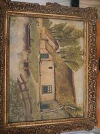 Oud schilderij met huisje en boot, Ophalen of Verzenden