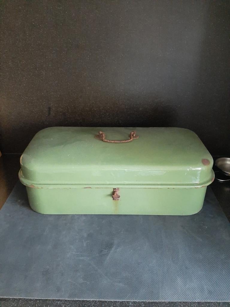 Vintage Groene Emaille Broodtrommel, Antiek en Kunst, Antiek | Emaille, Ophalen of Verzenden