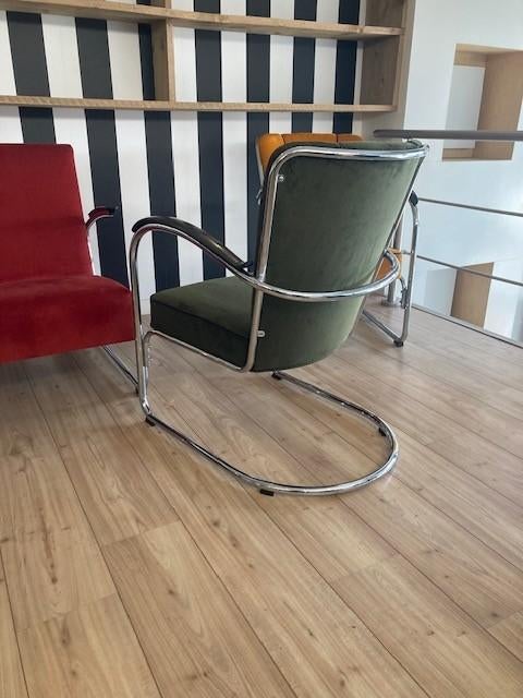 Gispen 412 fauteuil, chroom, nieuwe mosgroene ribstof, Design, 75 tot 100 cm, Zo goed als nieuw, Stof
