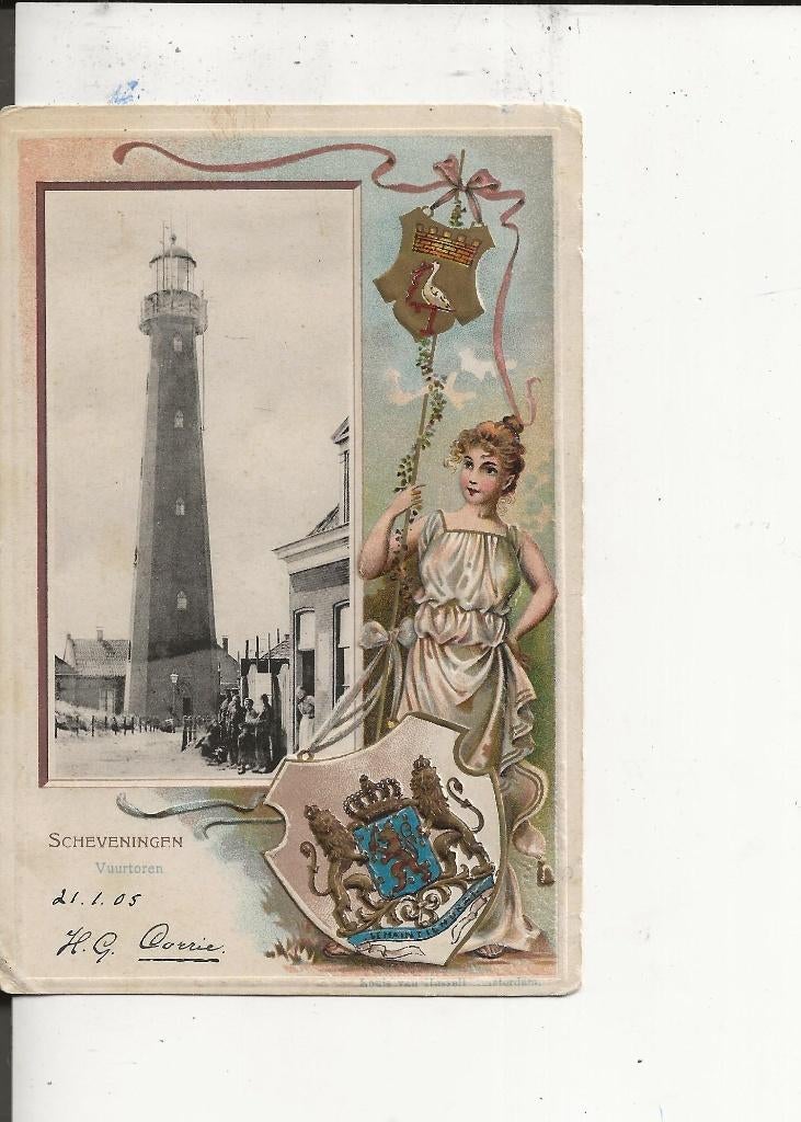 Scheveningen Vuurtoren met Haagsch Wapen profile 21-1-1905, Ophalen of Verzenden, Voor 1920, Gelopen, Zuid-Holland
