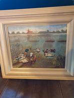 Schilderij eenden in landschap met molen, Antiek en Kunst, Kunst | Schilderijen | Klassiek, Ophalen of Verzenden
